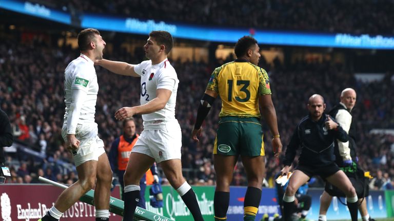 Jonny May (L) celebrates with Ben Youngs after scoring against Australia