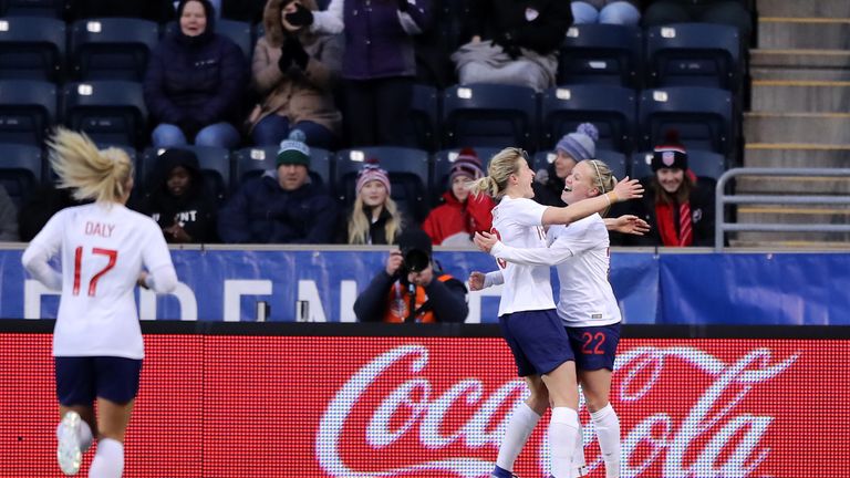 Beth Mead (rught) celebrates scoring England Women's second goal against Brazil Women
