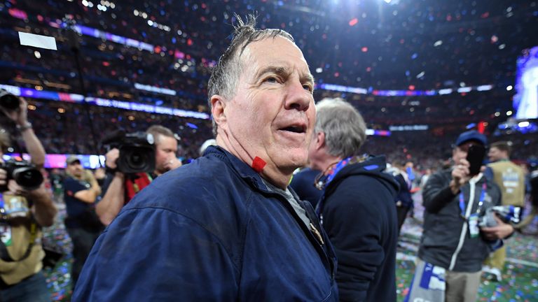 Head Coach Bill Belichick of the New England Patriots celebrates after his team won Super Bowl LIII against the Los Angeles Rams at Mercedes-Benz Stadium in Atlanta, Georgia, on February 3, 2019