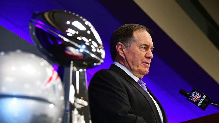 New England Patriots Super Bowl winning head coach Bill Belichick is interviewed at a press conference on February 4, 2019