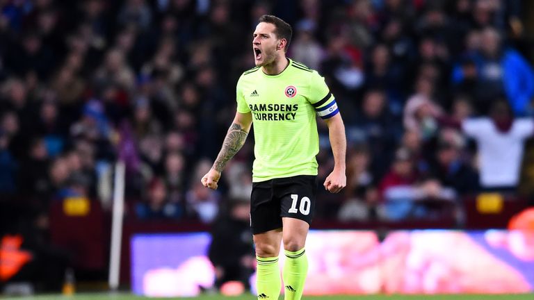 Billy Sharp of Sheffield United celebrates scoring to make it 1-0 during the Sky Bet Championship match between Aston Villa and Sheffield United at Villa Park on February 08, 2019 in Birmingham, England