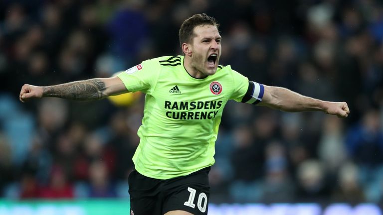 Sheffield United's Billy Sharp celebrates scoring his side's second goal of the game during the Sky Bet Championship match at Villa Park, Birmingham, Friday 8 February 2019