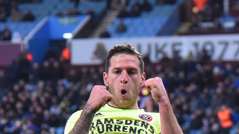 Billy Sharp of Sheffield United celebrates scoring his hat-trick goal during the Sky Bet Championship match between Aston Villa and Sheffield United at Villa Park on February 08, 2019 in Birmingham, England.