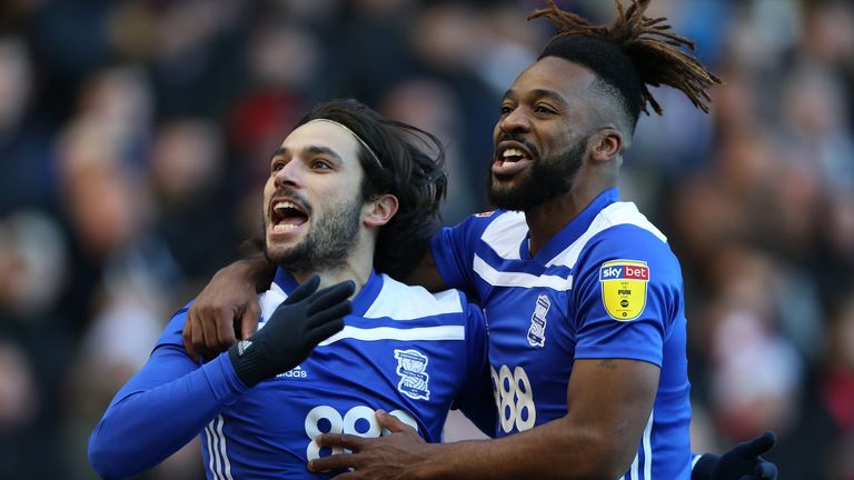 Birmingham City's Jota (left) celebrates scoring against Nottingham Forest with team mate Jacques Maghoma  during the match at St Andrew's Trillion Trophy Stadium
