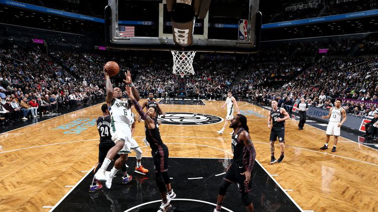 Eric Bledsoe of the Milwaukee Bucks shoots the ball against the Brooklyn Nets 