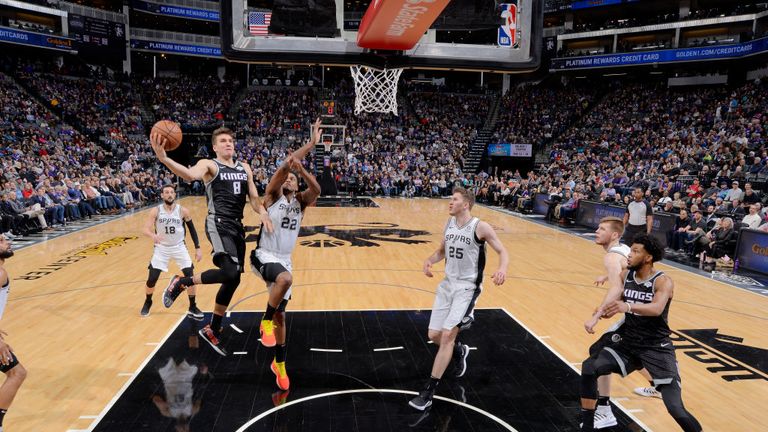 Bogdan Bogdanovic of the Sacramento Kings shoots the ball against the San Antonio Spurs