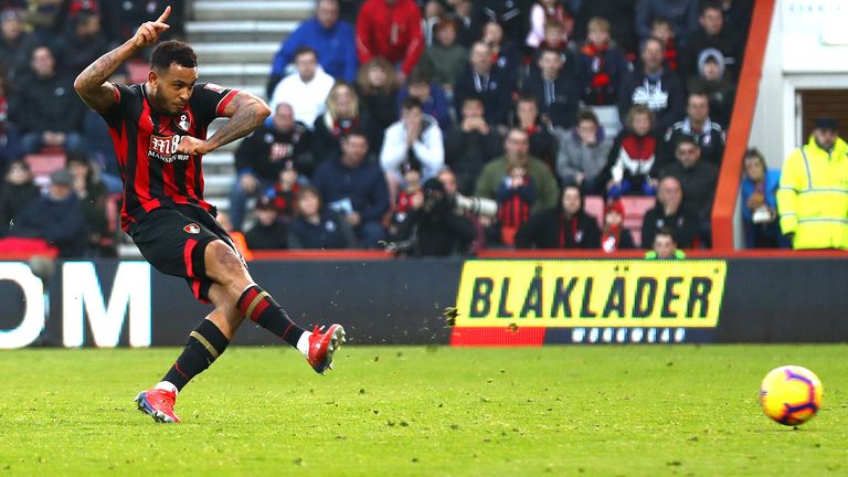 Joshua King of AFC Bournemouth misses a penalty during the Premier League match between AFC Bournemouth and Wolverhampton Wanderers at Vitality Stadium on February 23, 2019 in Bournemouth, United Kingdom. 
