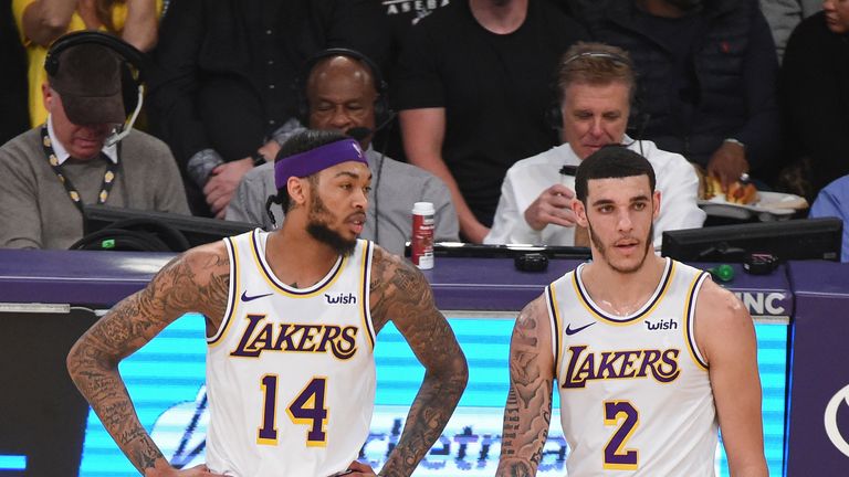 Brandon Ingram #14 and Lonzo Ball #2 of the Los Angeles Lakers look on against the Cleveland Cavaliers on January 13, 2019 at STAPLES Center in Los Angeles, California