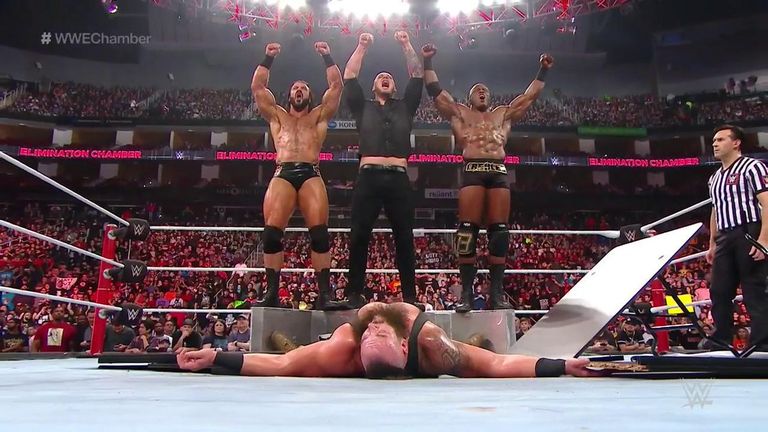 Drew McIntyre, Baron Corbin and Bobby Lashley gave Braun Strowman a triple powerbomb through two tables