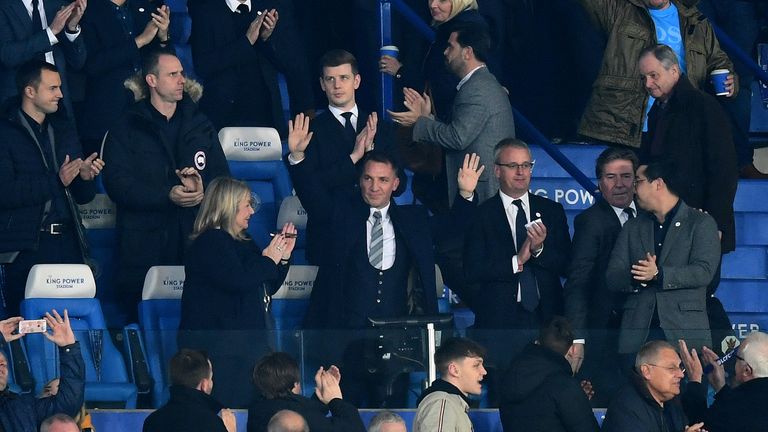 Newly appointed Leicester City manager Brendan Rodgers acknowledges supporters at the King Power Stadium