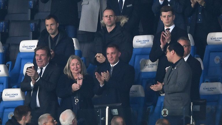 Newly appointed Leicester City manager Brendan Rodgers acknowledges supporters at the King Power Stadium
