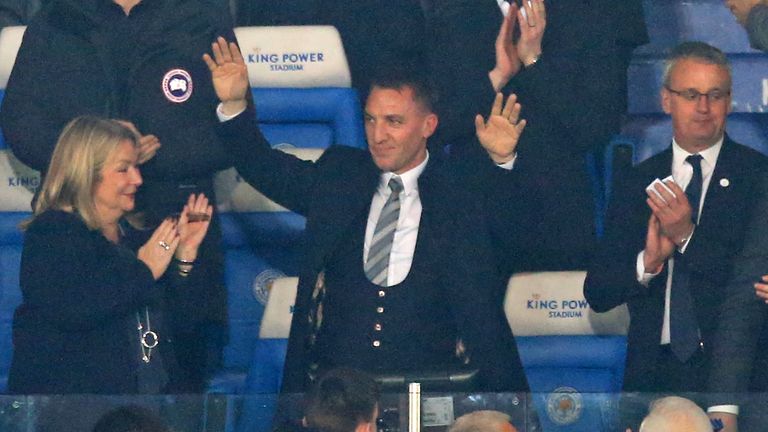 Newly appointed Leicester City manager Brendan Rodgers acknowledges supporters at the King Power Stadium