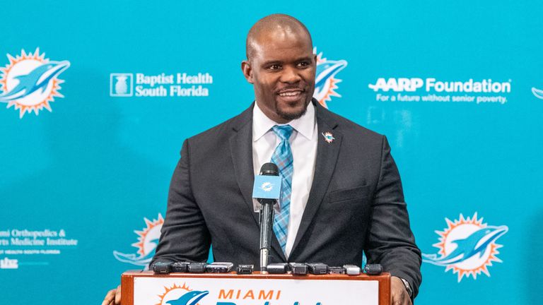 Brian Flores speaks during a press conference as he is introduced as the new Head Coach of the Miami Dolphins
