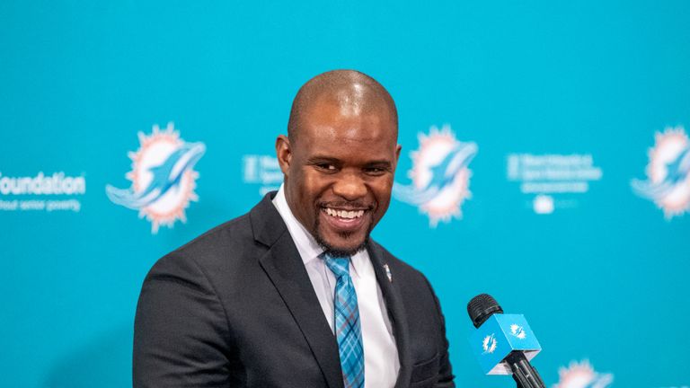 DAVIE, FL - FEBRUARY 04: Brian Flores speaks during a press conference as he is introduced as the new Head Coach of the Miami Dolphins at Baptist Health Training Facility at Nova Southern University on February 4, 2019 in Davie, Florida. (Photo by Mark Brown/Getty Images) *** Local Caption *** Brian Flores