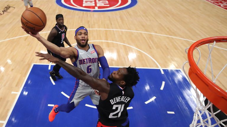 Bruce Brown #6 of the Detroit Pistons tries to get a shot off over Patrick Beverley #21 of the LA Clippers during the first half at Little Caesars Arena on February 02, 2019 in Detroit, Michigan. Los Angeles won the game 111-101