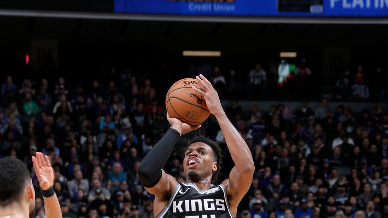 Buddy Hield #24 of the Sacramento Kings shoots the ball against the Philadelphia 76ers on February 2, 2019 at Golden 1 Center in Sacramento, California.