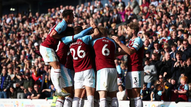 Burnley celebrate Chris Wood's opener against Tottenham