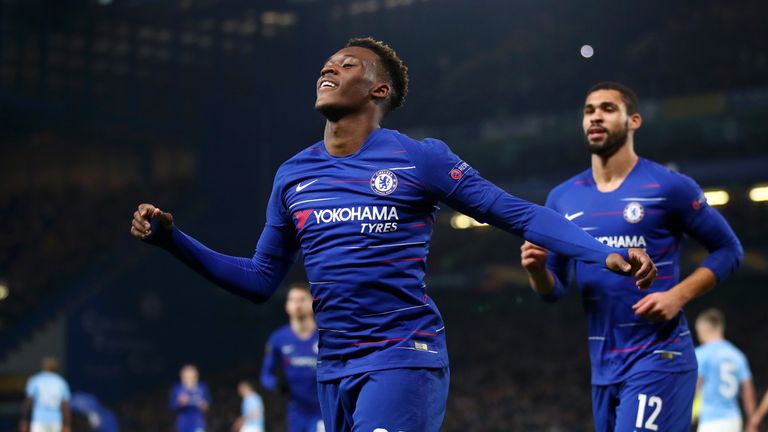 Callum Hudson-Odoi celebrates scoring for Chelsea against Malmo