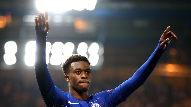 Callum Hudson-Odoi celebrates scoring for Chelsea against Malmo