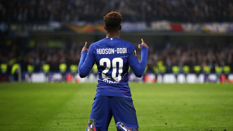 Callum Hudson-Odoi celebrates after scoring for Chelsea against Malmo