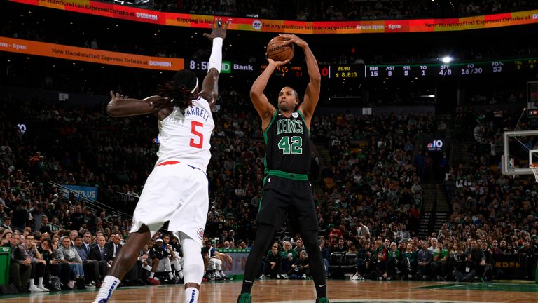 BOSTON, MA - FEBRUARY 9: Al Horford #42 of the Boston Celtics shoots mid range jumper over Montreal Harrell #5 of the LA Clippers on February 9, 2019 at the TD Garden in Boston, Massachusetts.  NOTE TO USER: User expressly acknowledges and agrees that, by downloading and or using this photograph, User is consenting to the terms and conditions of the Getty Images License Agreement. Mandatory Copyright Notice: Copyright 2019 NBAE  (Photo by Brian Babineau/NBAE via Getty Images) 