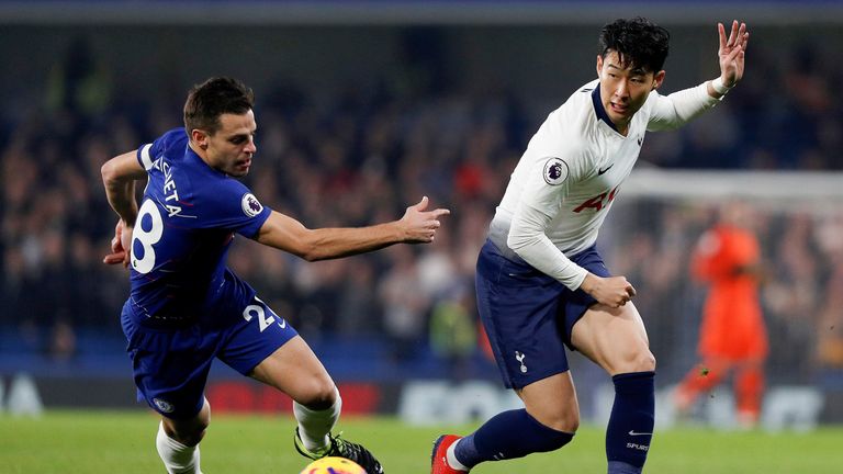 Cesar Azpilicueta and Heung-Min Son in action at Stamford Bridge