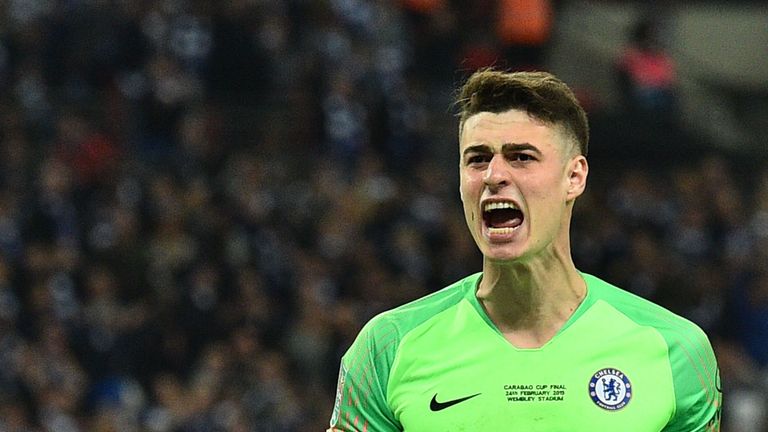 Kepa Arrizabalaga reacts after saving the penalty of Manchester City's German midfielder Leroy Sane