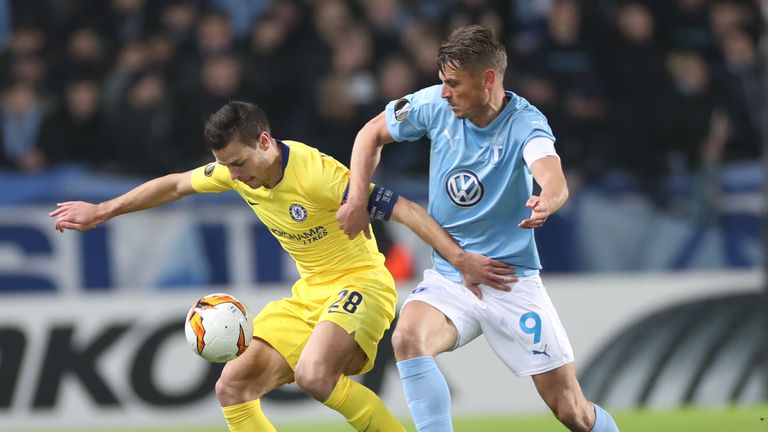 Action from Chelsea's Europa League last-32 first leg against Malmo