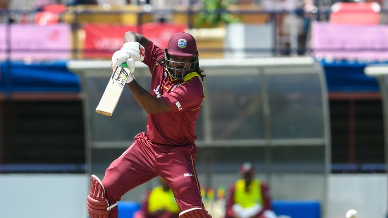 Chris Gayle hits four during the 1st ODI between Windies and England at Kensington Oval