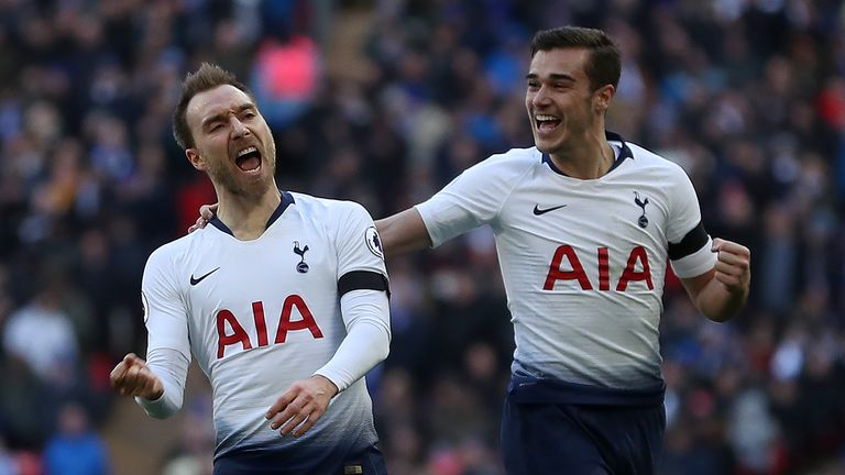 Christian Eriksen celebrates scoring against Leicester