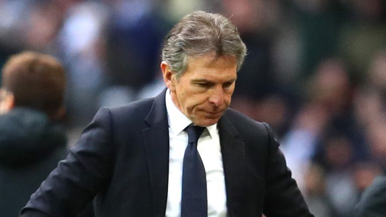 Claude Puel, Manager of Leicester City looks dejected during the Premier League match between Tottenham Hotspur and Leicester City at Wembley Stadium on February 10, 2019 in London, United Kingdom.