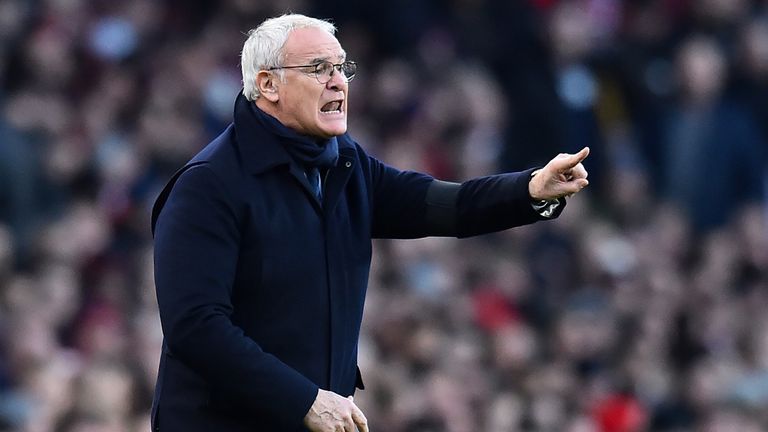 Claudio Ranieri shouts instructions to his players from the touchline during a Premier League match between Arsenal and Fulham at the Emirates Stadium