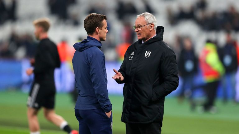 Claudio Ranieri speaks to Scott Parker prior to the Premier League match between West Ham and Fulham at the London Stadium on February 22, 2019
