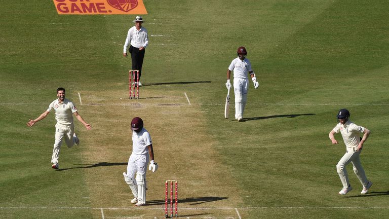 Mark Wood celebrates his dismissal of Darren Bravo