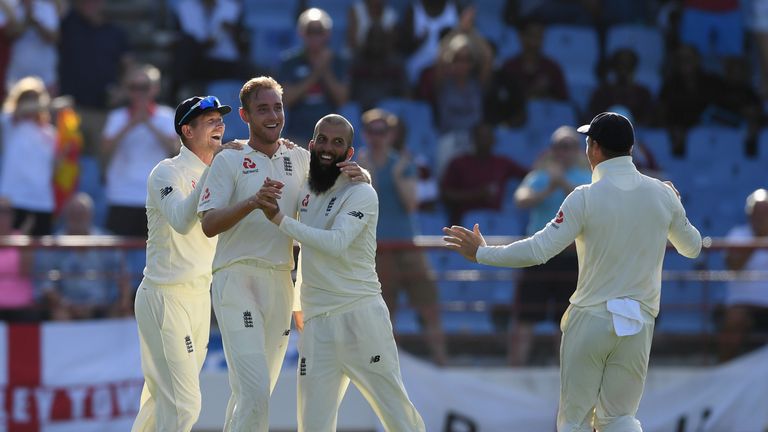 Stuart Broad celebrates his catch in St Lucia with Moeen Ali