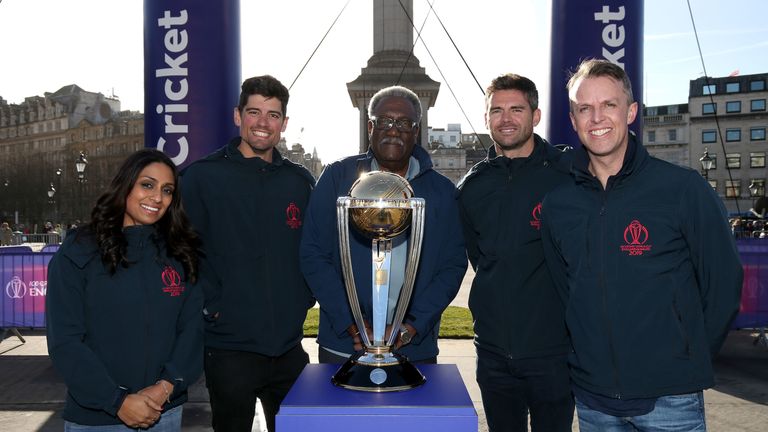 Isa Guha, Alastair Cook, Clive Lloyd, James Anderson and Graeme Swann in attendance during the '100 days-to-go' Cricket World Cup celebrations in Trafalgar Square