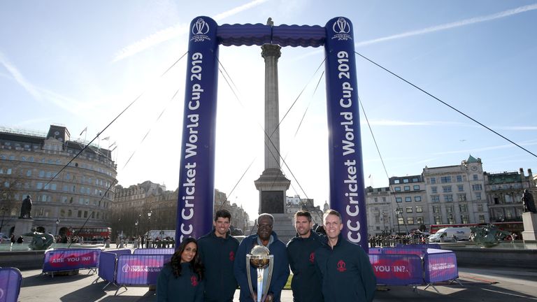 Isa Guha, Alastair Cook, Clive Lloyd, James Anderson and Graeme Swann in attendance during the '100 days-to-go' Cricket World Cup celebrations in Trafalgar Square