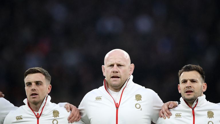 George Ford (L) and Dan Cole (R) line up for the anthems 