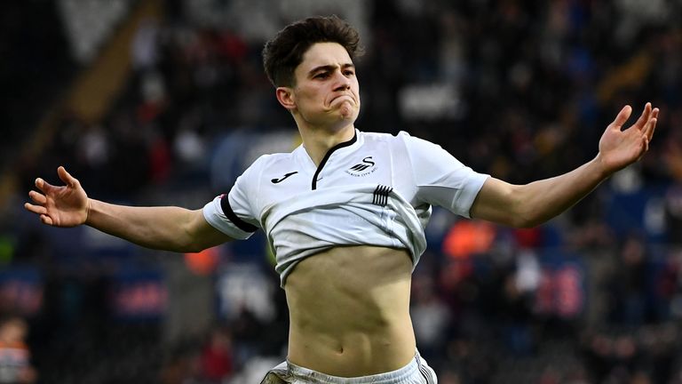 Dan James celebrates after giving Swansea the lead against Brentford in the FA Cup