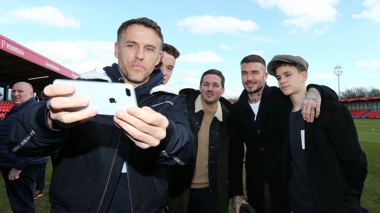 Salford owner David Beckham at National League match against Dover Athletic