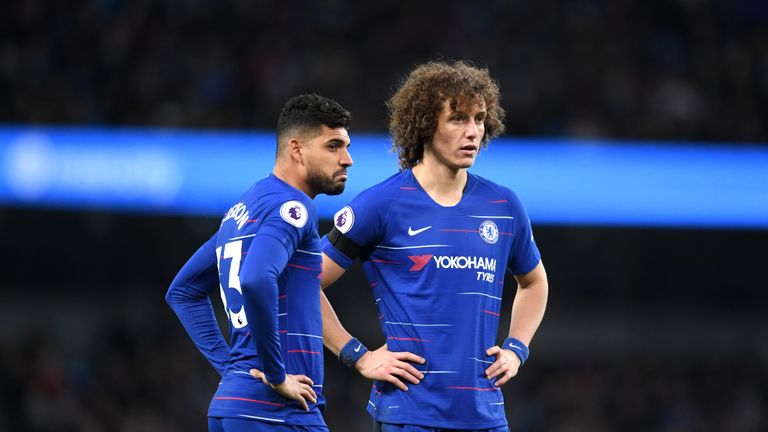 David Luiz and Emerson during the Premier League match between Manchester City and Chelsea FC at Etihad Stadium on February 10, 2019 in Manchester, United Kingdom.