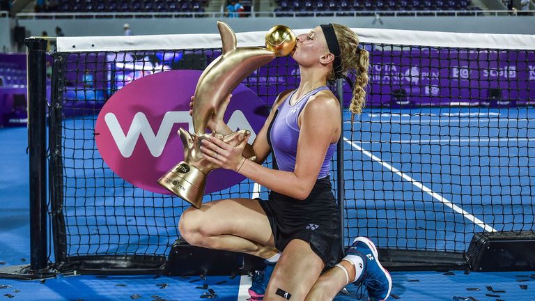 Ukraine's Dayana Yastremska poses with her winning trophy during presentation ceremony after defeating Australia's Ajla Tomljanovic in the final of the WTA Thailand Open tennis tournament in Hua Hin on February 3, 2019. 