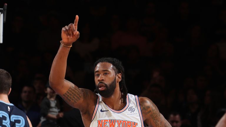  DeAndre Jordan #6 of the New York Knicks thanks teammate after play against the Memphis Grizzlies on February 3, 2019 at Madison Square Garden in New York City, New York. 