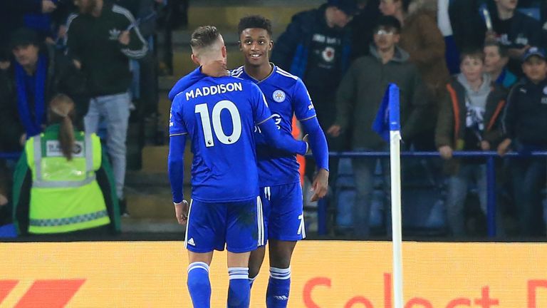 Demarai Gray celebrates with James Maddison after giving Leicester a 1-0 lead at home to Brighton