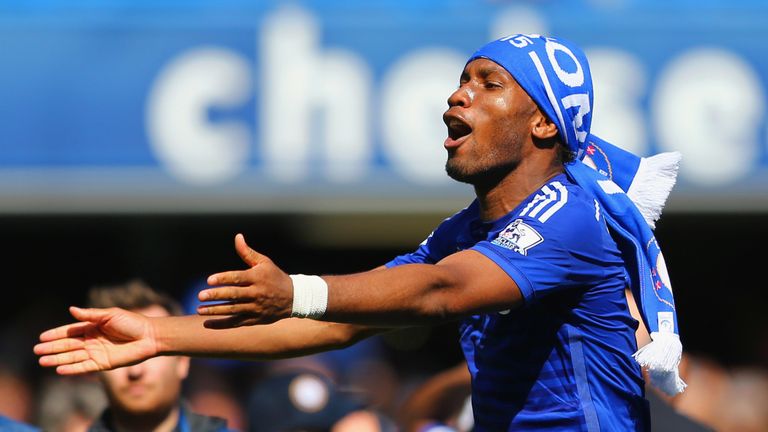 Didier Drogba of Chelsea celebrates winning the Premier League title after the Barclays Premier League match between Chelsea and Crystal Palace at Stamford Bridge on May 3, 2015 in London, England. Chelsea became champions with a 1-0 victory.