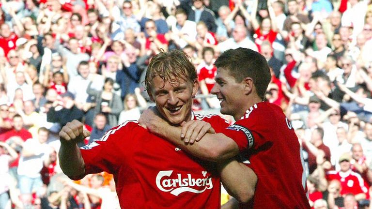 Dirk Kuyt and Steven Gerrard celebrate a Liverpool goal