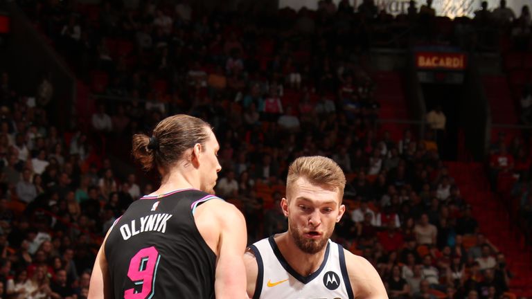 Domantas Sabonis #11 of the Indiana Pacers drives to the basket against the Miami Heat on February 2, 2019 at American Airlines Arena in Miami, Florida.