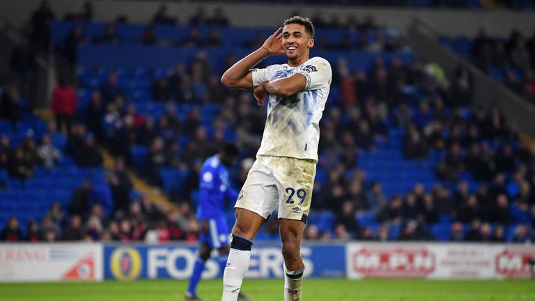 Dominic Calvert-Lewin celebrates after scoring Everton's third goal