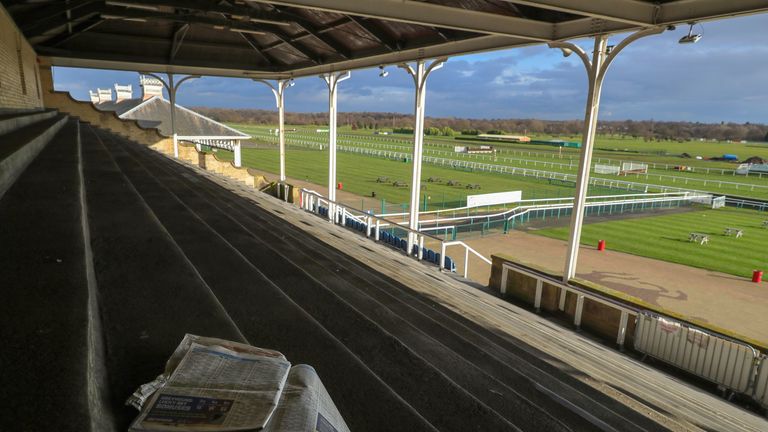 Terraces and stands remain empty after today's racing at Doncaster Racecourse was cancelled due to the equine flu outbreak