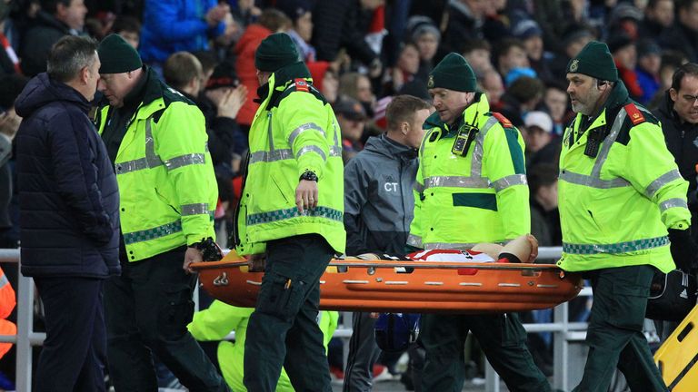 Duncan Watmore is carried from the field on a stretcher during Sunderland's Premier League game against Leicester in 2016
